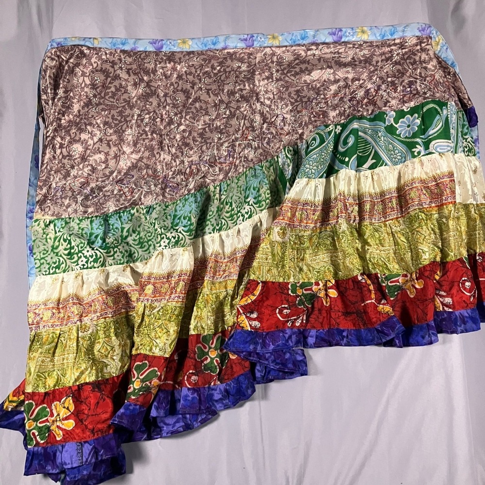 Bohemian Silk Wrap Skirt Rainbow Tie Dye Tiered Ruffled Made in Nepal - Picture 6 of 14